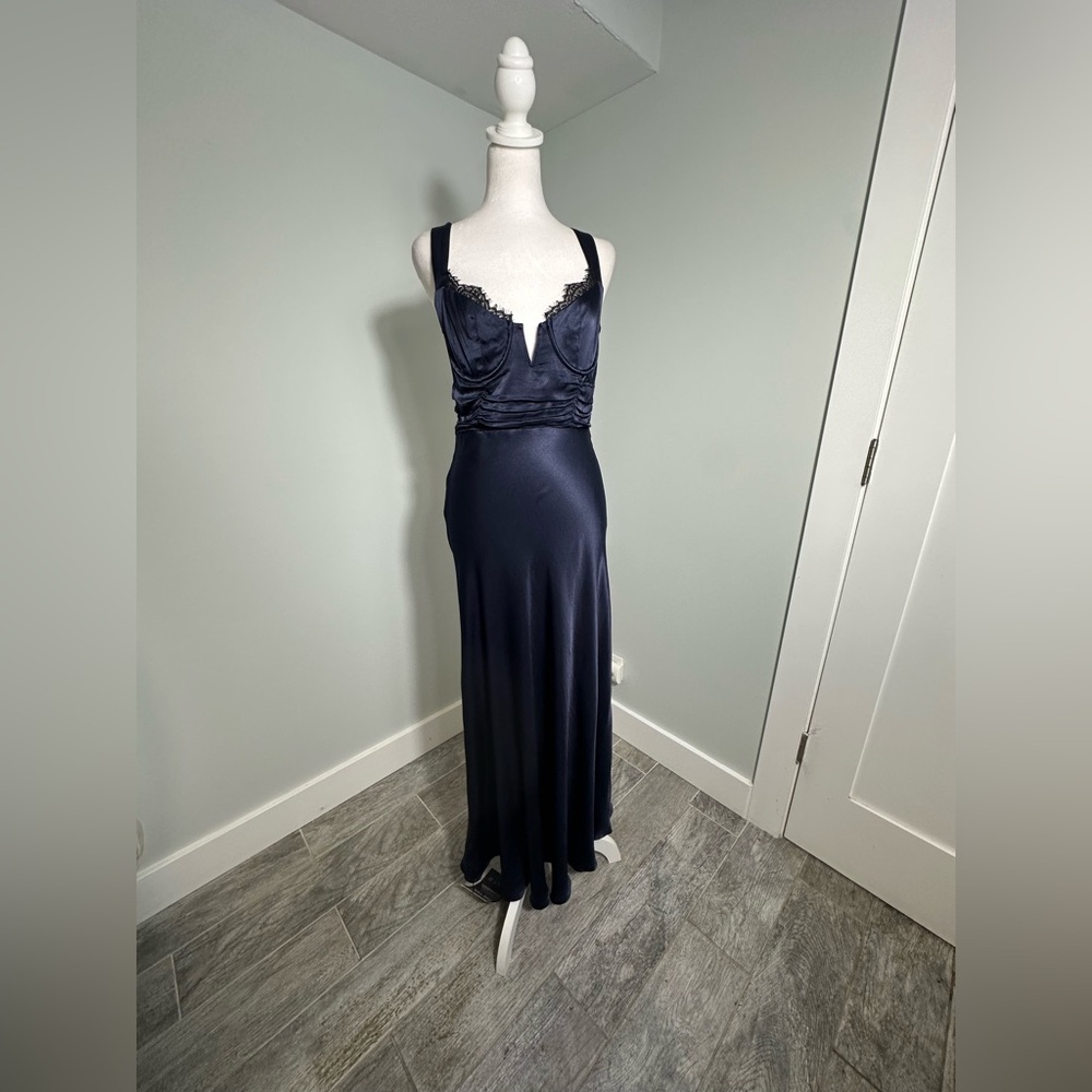 NEW Astr Aeris Satin Lace Trim Maxi Dress Navy Sz Medium Bustier Corset Feminine - Picture 5 of 17